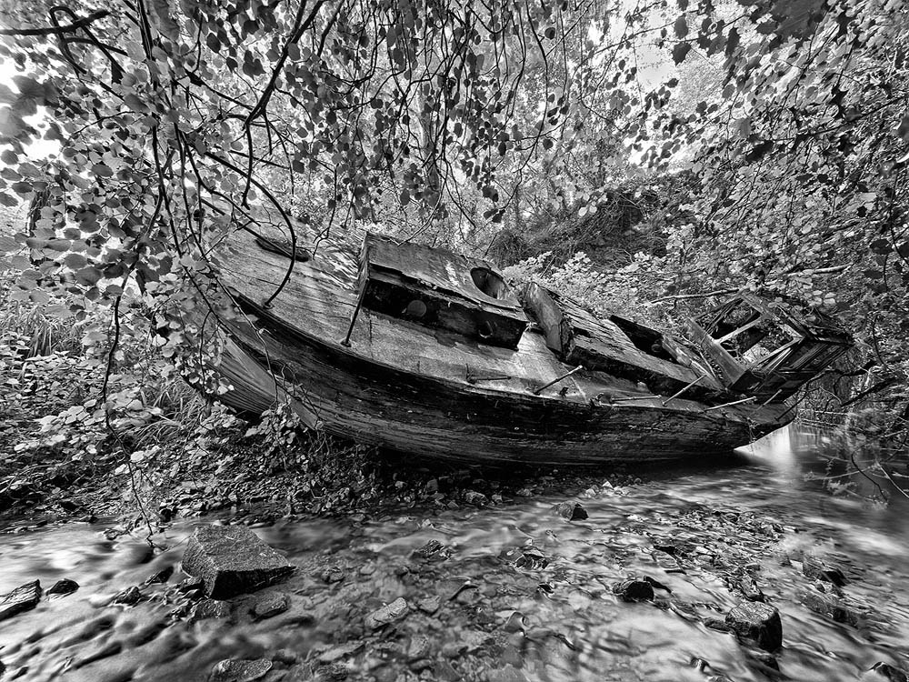 black white landscape photo boat Knocksink Wicklow