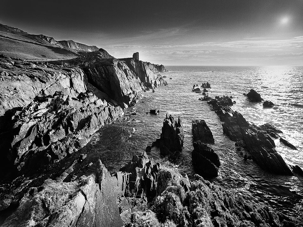 Black and white seascape photo ODriscoll Castle Cape Clear