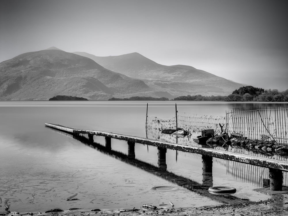 Lough Leane Killarney long exposure photo black and white landscape photo