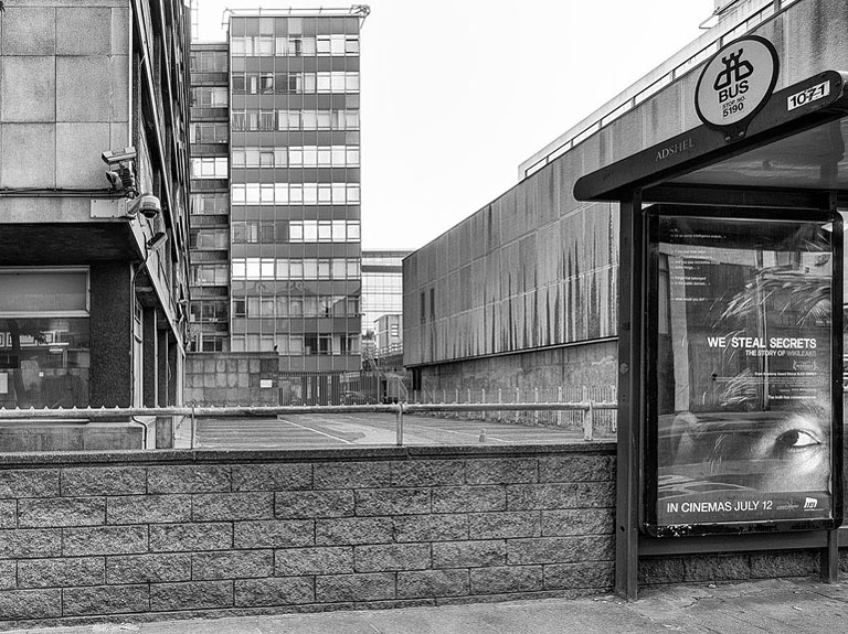 Dawn photograph of Hawkins Street in Dublin city centre with modern facades and quiet roadway