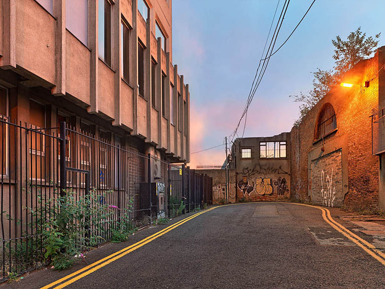 Sunrise light on industrial buildings along Saint Michan's Street in Dublin city centre