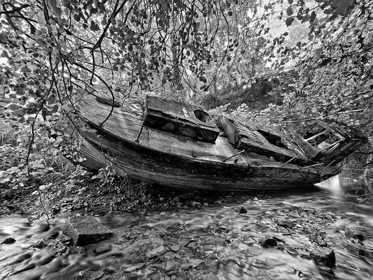 Black and white photograph of a stranded boat on a Wicklow stream, with reeds, overhanging trees and reflections on still water.