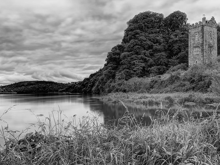 Landscape photograph of Strancally Tower above the River Blackwater in County Waterford surrounded by trees and soft light.