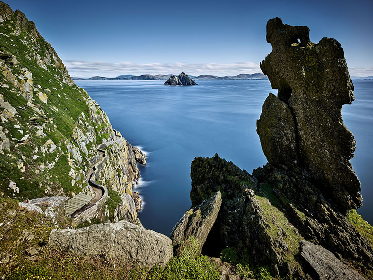 Fine art photograph of stone terraces and rock structures on Skellig island above the Atlantic